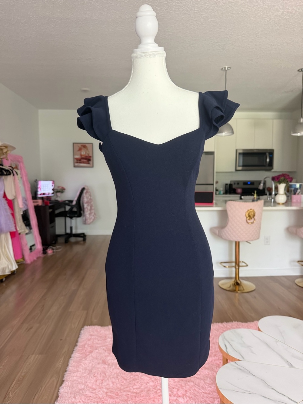 Barbiecore Women’s Navy Ruffle Sleeve Bodycon Dress with back detail - Picture 2 of 12